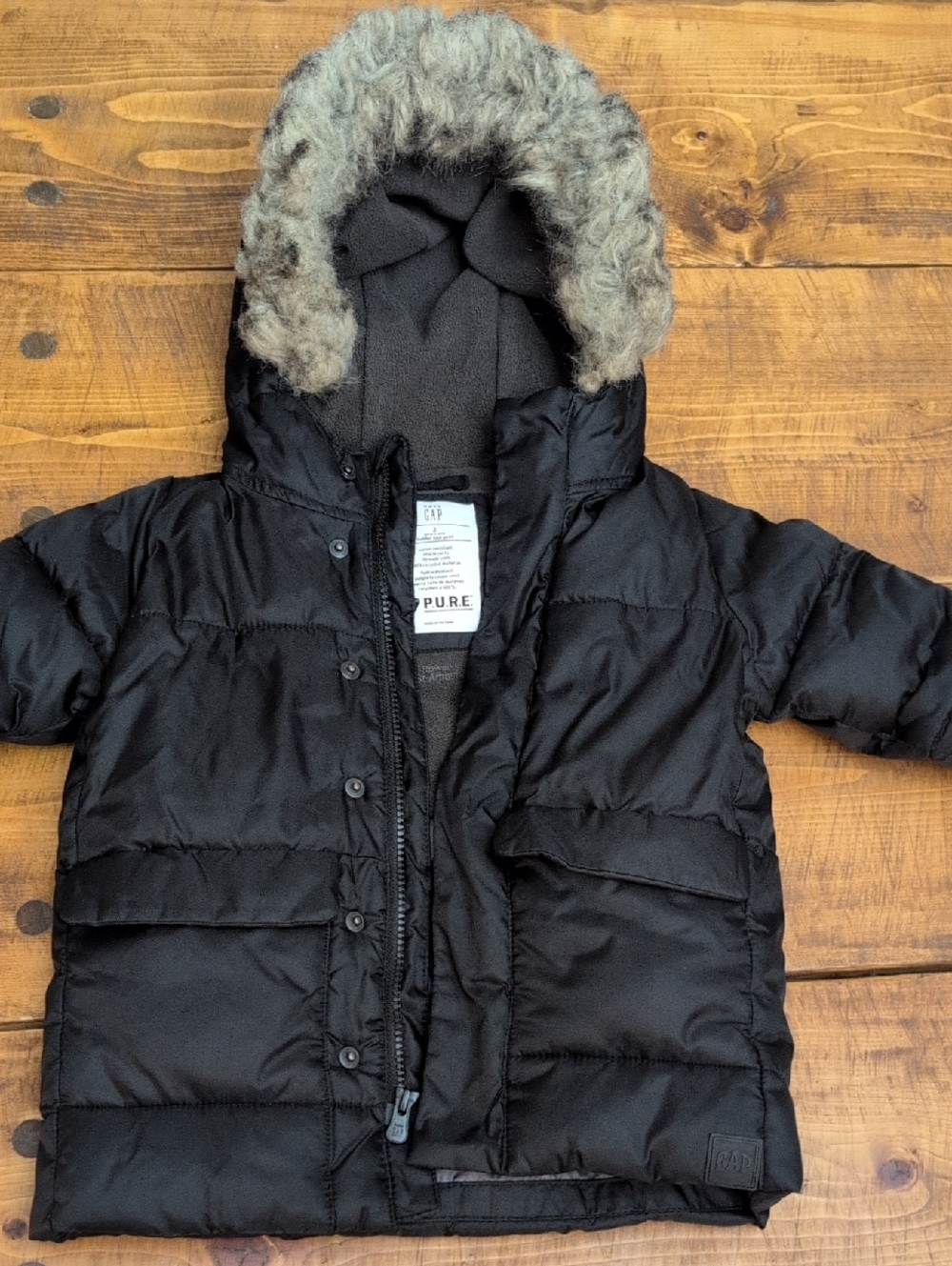 Baby GAP Primaloft Black Toddler Puffer Coat with Faux Fur Trim Hood